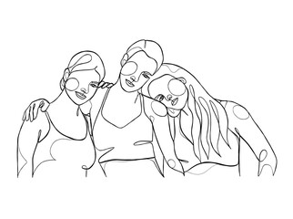Continuous one line drawing of girl best friends illustration. Vector illustration.
