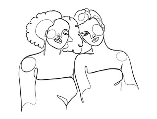 Continuous one line drawing of girl best friends illustration. Vector illustration.