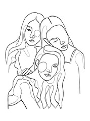 Continuous one line drawing of girl best friends illustration. Vector illustration.