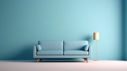 minimal design appartment, modern living-room, colourful furniture, perpendicular composition, center perspective, very detailed, photorealistic, photographic, couch - obrazy, fototapety, plakaty