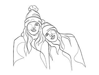 Continuous one line drawing of girl best friends illustration. Vector illustration.