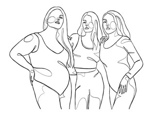 Continuous one line drawing of girl best friends illustration. Vector illustration.