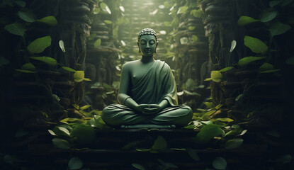 buddha in meditation, background with leaves,  naturalistic poses, photorealistic rendering, futuristic organic, green 