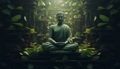 Poster buddha in meditation, background with leaves,  naturalistic poses, photorealistic rendering, futuristic organic, green  © IgnacioJulian