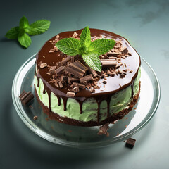 Chocolate mint cake sweet on a clear glass table. Generative AI.
