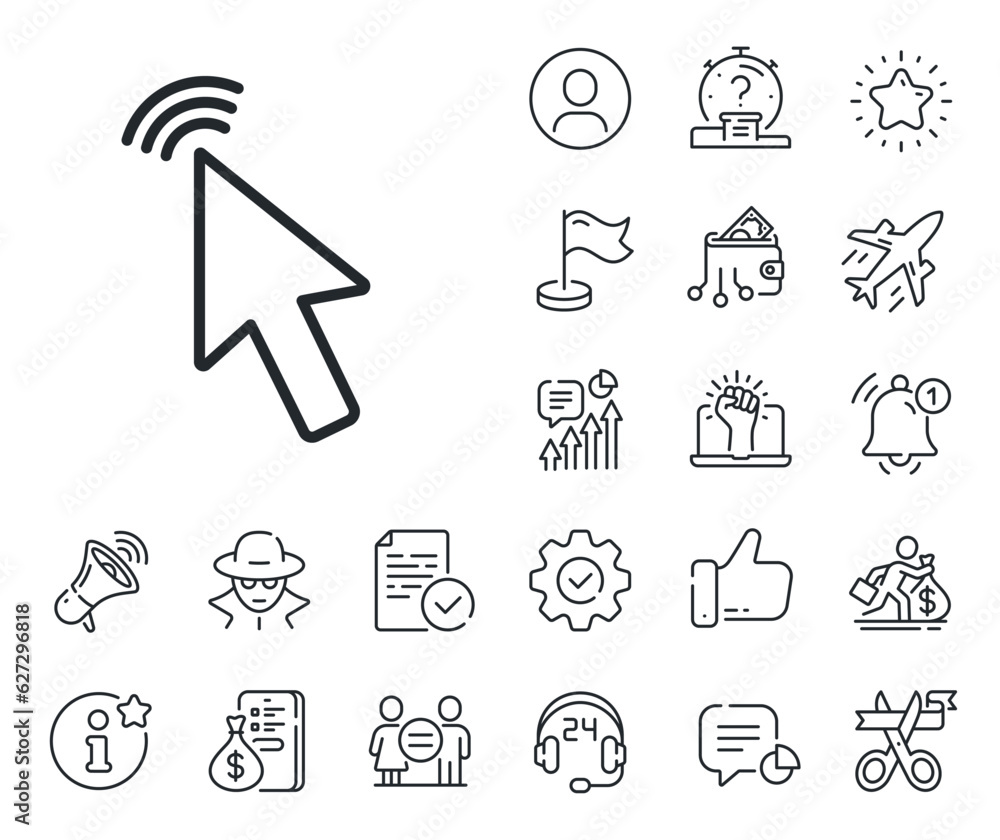 Poster click action sign. salaryman, gender equality and alert bell outline icons. mouse cursor line icon. 