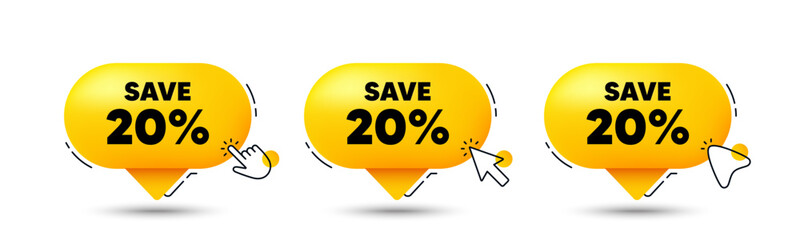 Save 20 percent off tag. Click here buttons. Sale Discount offer price sign. Special offer symbol. Discount speech bubble chat message. Talk box infographics. Vector