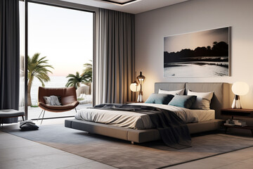 Interior design a bedroom interiors 3d renderings, in the style of light gold and dark amber, coastal scenery. Generative AI.