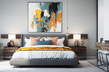Master bed room with black and white bedroom decor. Generative AI.