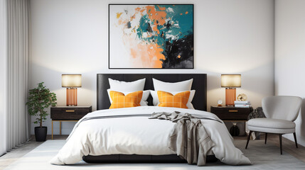 Master bed room with black and white bedroom decor. Generative AI.
