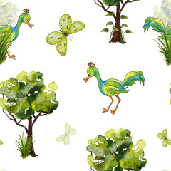 Watercolor seamless pattern with a bird. Prehistoric bird Ostrich. Children's illustration in doodle style.