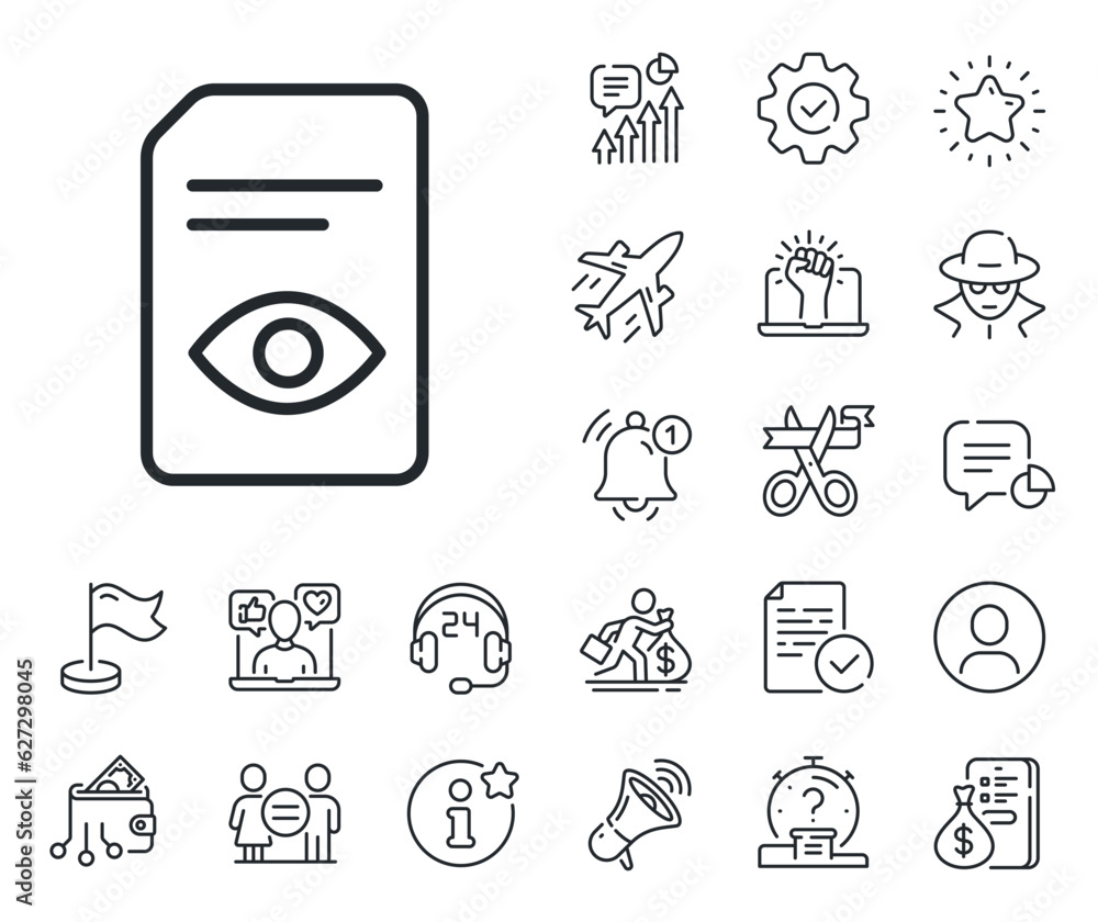 Poster open information file sign. salaryman, gender equality and alert bell outline icons. view document l