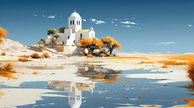 White church in desert landscape. Church community. Mission of gospel.