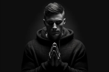 Low-key close up portrait of young serious man with folded hands in front of chest and closed eyes, black and white, isolated on black background. Generative AI