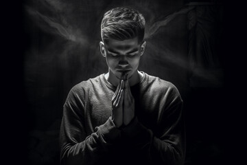 Low-key close up portrait of young serious man with folded hands in front of chest and closed eyes, black and white, isolated on black background. Generative AI