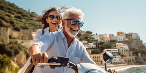 Retired happy couple on a scooter in a Mediterranean country on a vacation. Pension and insurance plan . High quality image. Generative AI.