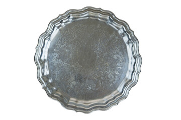 Old metal tray isolated on white background. Serving plate. Top view.