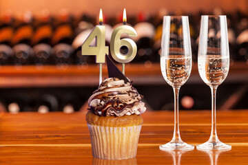 Cupcake With Numbers And Glasses With Wine For Birthday Or Anniversary