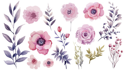 Set watercolor elements of pink roses; collection garden flowers; leaves; branches. Botanic Wedding floral design. Collection of greenery leaf plant forest herbs tropical leaves.