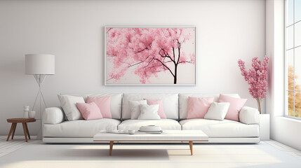 Beautiful cozy bright modern living room with white sofa and pink décor. Generative Ai
