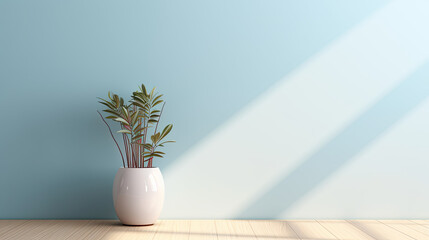 Light blue empty wall, vase with plant and wooden floor with interesting light glare. Background for the presentation, Generative Ai