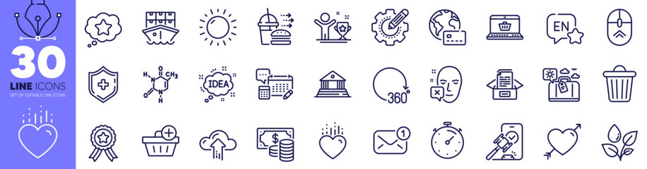 Online shopping, Face declined and Shipment line icons pack. Internet pay, Heart, Cloud upload web icon. Winner cup, Travel luggage, Coins banknote pictogram. Chemical formula. Vector - obrazy, fototapety, plakaty