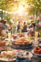 Naklejka premium Joyful Gathering: People Enjoying a Festive Outdoor Summer Party with Lavishly Set Tables - AI generated