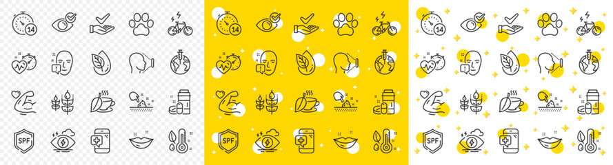 Outline Medical phone, Skin moisture and Organic product line icons pack for web with Quarantine, E-bike, Stress line icon. Pandemic vaccine, Lips, Gluten free pictogram icon. Vector