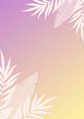 Tropical white leaves on a yellow-purple background. Template for posters, brochures, covers, screensavers and banners. Vector illustration.