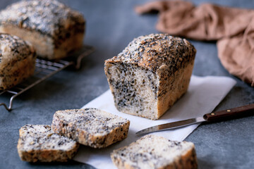 Homemade bread wholegrain made with various seeds, for sandwiches or toasting. Multi-seed bread. Healthy breakfast. Paleo and ketogenic diet