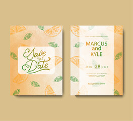 Wedding invitation design with hand drawn orange slices and leaves on a light orange background. Template for greeting card, cover, poster, brochure with place for text. Vector illustration.