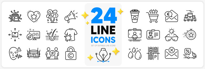 Icons set of Takeaway coffee, Dirty t-shirt and Boxes pallet line icons pack for app with Ranking star, Euro money, Water drop thin outline icon. Parking place, Cardboard box. Vector