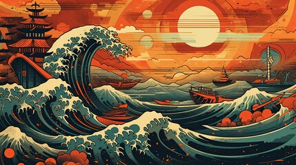 a large wave of water with boats in the background. Generative AI Art.