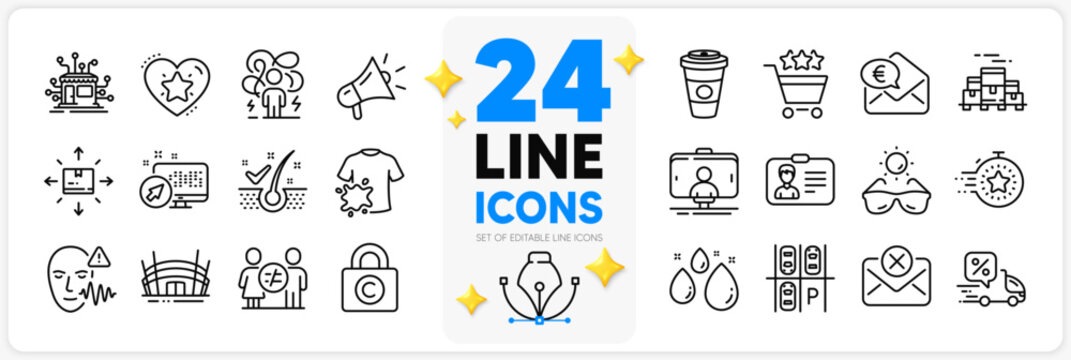 Icons set of Takeaway coffee, Dirty t-shirt and Boxes pallet line icons pack for app with Ranking star, Euro money, Water drop thin outline icon. Parking place, Cardboard box. Vector