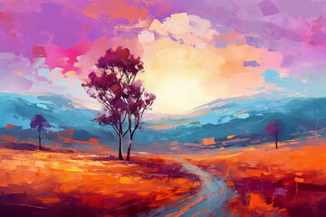 Abstract oil painting of tree on hill with road to village. Generative AI.