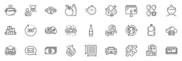 Icons pack as Cloud server, Phosphorus mineral and Wholesale goods line icons for app include Banking, Apple, Balloon dart outline thin icon web set. Sports arena, Beer bottle. Vector