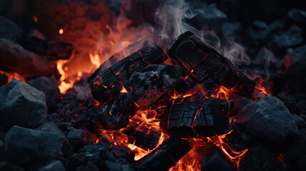 Large pile of burning coal and rocks on the grill, in the style of light indigo and dark crimson, boldly fragmented, organic material, luminous AI Generative - obrazy, fototapety, plakaty