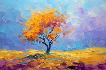 Alone tree in autumn at sunset time, oil painting style, Generative AI