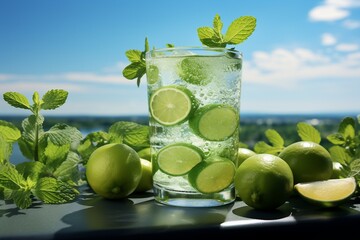 Fresh drink with green Calamansi and mint, cold summer green Calamansiade, healthy mocktail. Sunny day shadows on blue sky background. created generative ai.