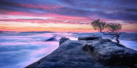 Blick vom Lilienstein auf einen bunten Himmel vor Sonnenaufgang und ein Tal voller Wolken und Nebel © Christoph