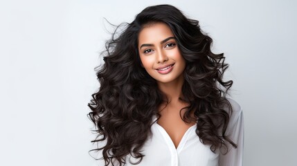 Fototapeta premium beautiful young indian woman with beautiful long curly hair isolated background generative ai 