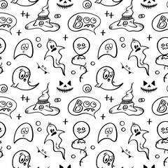 Halloween Seamless pattern in doodle style. Vector hand drawn holiday illustration. Line art sketch
