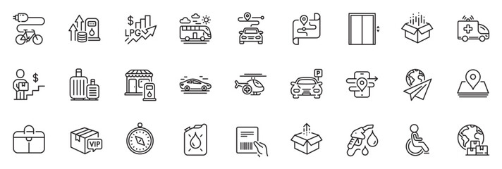 Icons pack as Fuel price, Travel compass and Electric bike line icons for app include Paper plane, Delivery man, Filling station outline thin icon web set. Pin, Send box, Parking pictogram. Vector