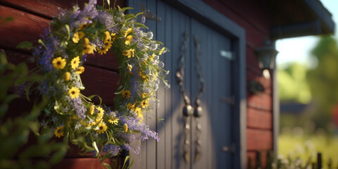 A Charming Traditional Swedish Midsommer Wreath Adorns a Wooden Door - AI generated