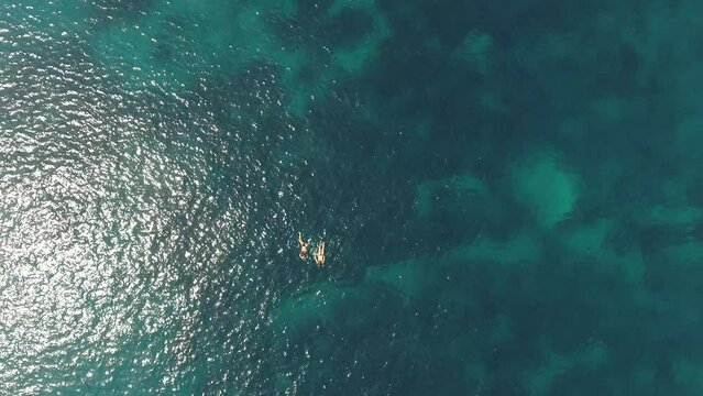 Drone footage of poeple swimming in clear water in Elba Island, Tuscany, Italy