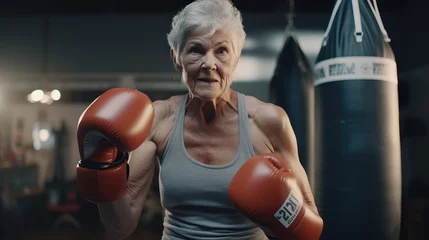 Fotobehang Fitness Retired Senior Grandmother Older Woman With Boxing Gloves in Indoor Gym. Sweaty Practicing and Training for a Fight. Punching Bag. Concept of Determination, Fighter, Boxer, Workout, and Train.