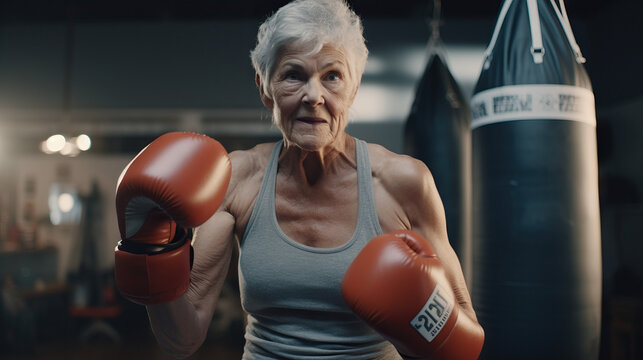 Retired Senior Grandmother Older Woman With Boxing Gloves in Indoor Gym. Sweaty Practicing and Training for a Fight. Punching Bag. Concept of Determination, Fighter, Boxer, Workout, and Train.