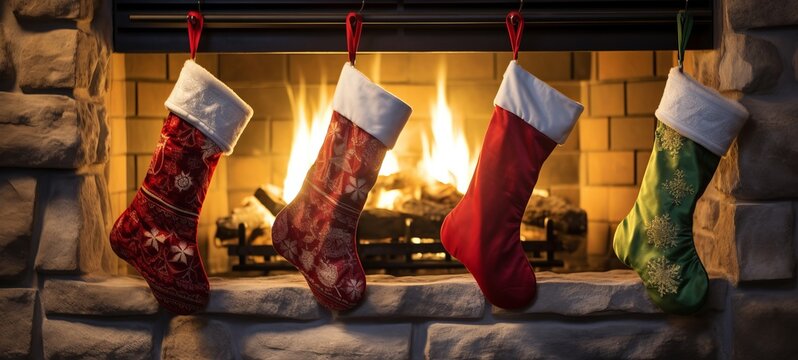 Christmas xmas St. nicholas day celebration holiday greeting card background - Decorative fireplace with Christmas stocking socks in living room (Generative Ai)