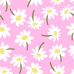 Floral baby pink barbiecore seamless pattern. Hand drawn white flowers on soft pink background. Trendy girlish cute allover print