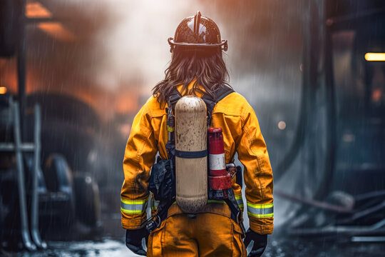 determined firewoman in action, as she fearlessly faces a blazing inferno, highlighting the essential role women play in firefighting and emergency response.